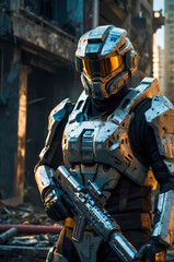 Obraz premium Sci-Fi Soldier Standing in Ruined Urban Landscape