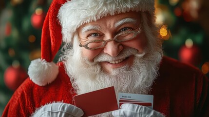 Design a close-up portrait of a witty Santa offering gift cards, with a smirk, in a photorealistic style that captures his playful demeanor
