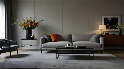 A modern living room with a gray sofa, an armchair, a coffee table, a vase of flowers, a lamp, and a framed picture.