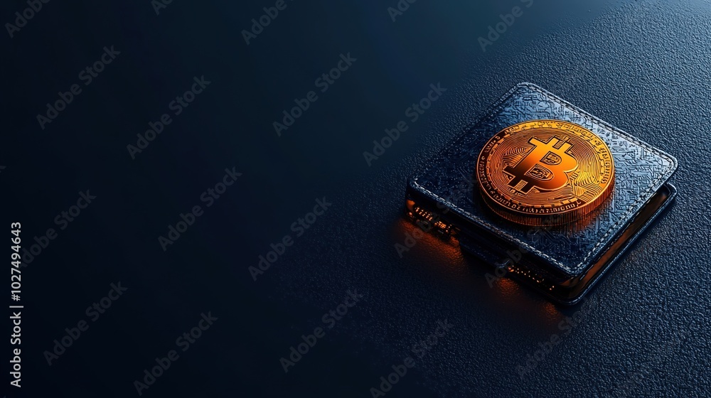 Poster digital currency concept with bitcoin wallet and coin