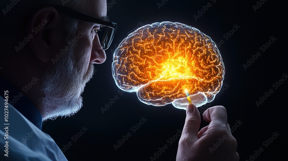 Poster scientist examining brain with glowing neural activity