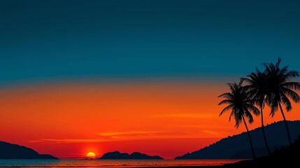 Tropical beach with palm trees, sunset, flat design illustration