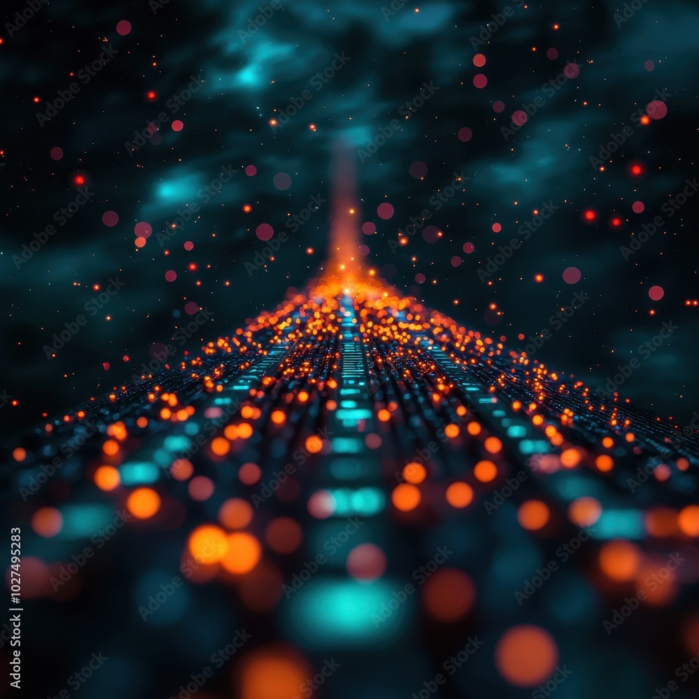 Aufkleber abstract digital pathway illuminated with glowing particles against a dark background.