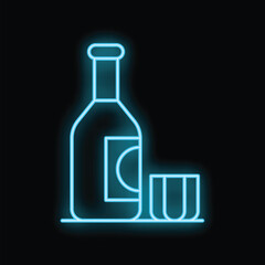 Minimalist blue neon icon of a bottle and a glass, representing wine tasting, bar ambiance, or nightlife