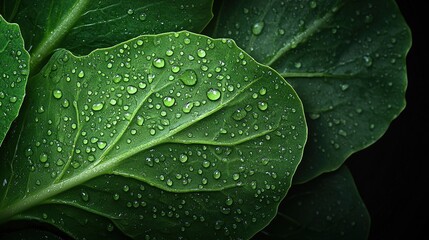 Fototapeta premium Fresh Green Leaves with Water Droplets Close-Up