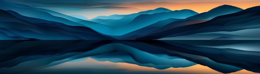 Peaceful lake, reflection of mountains, flat design illustration