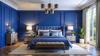 Contemporary bedroom with sapphire blue walls