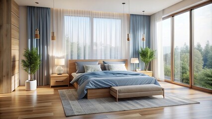 Obraz premium Contemporary bedroom with wooden platform bed and large windows