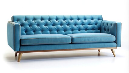 Fototapeta premium Contemporary blue buttoned sofa at tilted angle