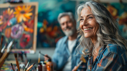 Obraz premium Joyful elderly artist smiling at an art event with friends in a vibrant gallery