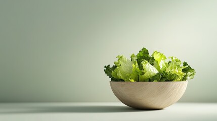 Fresh Green Lettuce in Wooden Bowl on Light Background