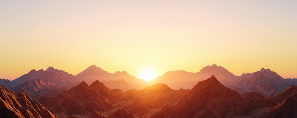 Sunset behind a rocky mountain range with a clear sky, the sun s rays casting a golden glow over the rugged terrain