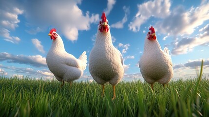 Fototapeta premium Three Chickens in Lush Green Grass Under a Blue Sky