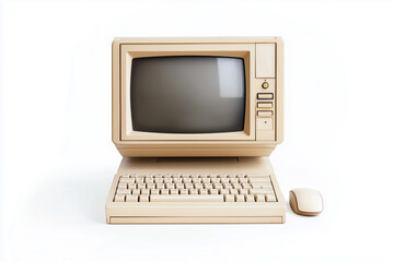 80s beige computer with keyboard and mouse, white background, product photography.