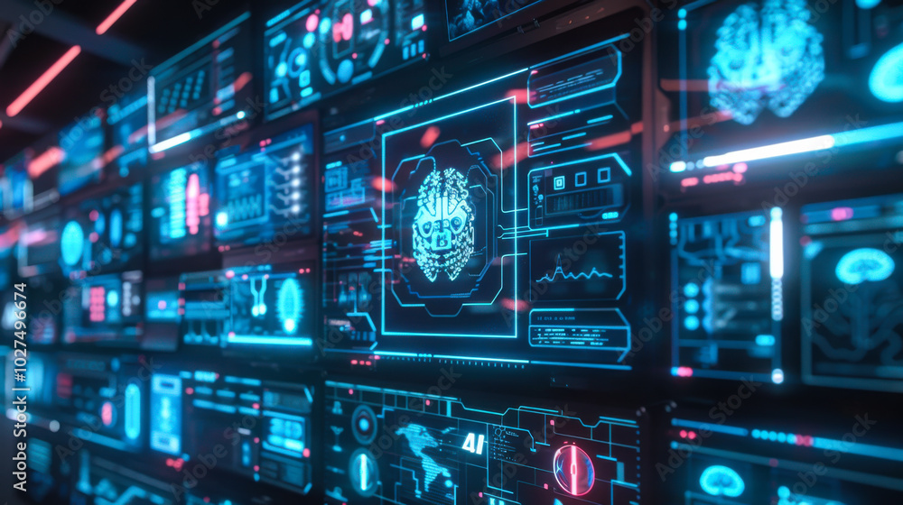 Poster high-tech control room with glowing screens displaying data analytics and graphics at night