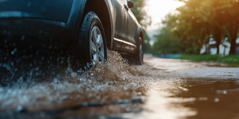 A car drives through a flooded road, splashing water in all directions with sunlight glistening off the water's surface, creating a dynamic, energetic scene.