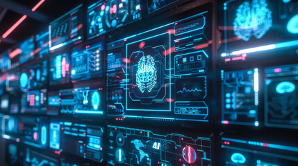 High-tech control room with glowing screens displaying data analytics and graphics at night