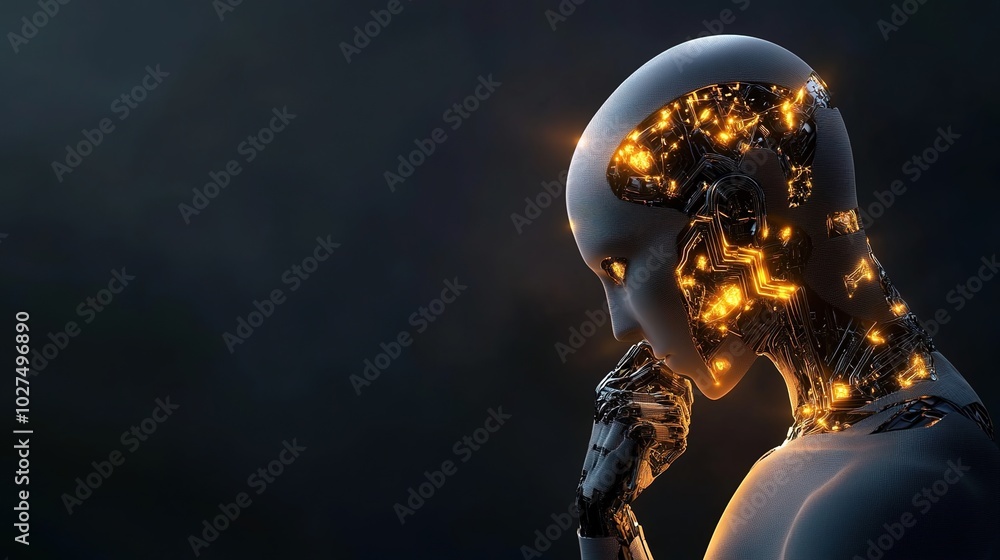 Poster thoughtful robot with luminous circuitry in profile