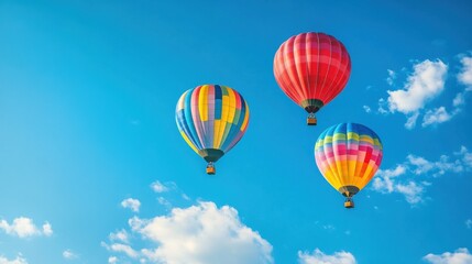 Fototapeta premium Three colorful hot air balloons float effortlessly against a bright blue sky, creating a cheerful and uplifting sight on a sunny day. Generative AI