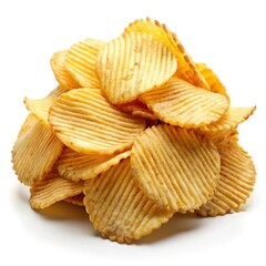A pile of potato chips is isolated on a white background.