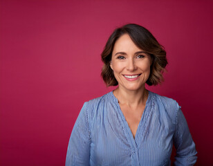 Fototapeta premium Headshot Portrait of a Smiling Woman with Contemporary Style, Isolated on Color Background with Ample Copy Space