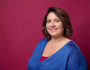 Fototapeta premium Headshot Portrait of a Smiling Woman with Contemporary Style, Isolated on Color Background with Ample Copy Space