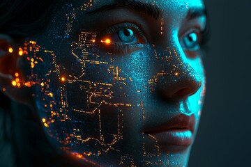 A close-up of the face of an android woman with glowing digital circuitry on her skin, rendered in hyper-realistic detail and illuminated by dramatic lighting