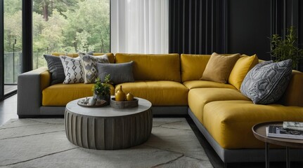 comfortable mustard yellow sectional sofa adorned with various gray and white throw pillows