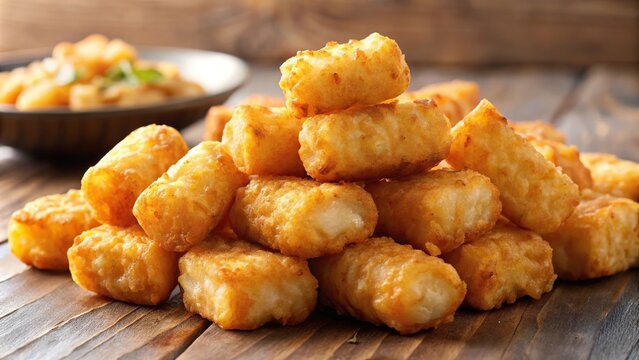Cooked hashbrown with tator tot soldiers on a plate