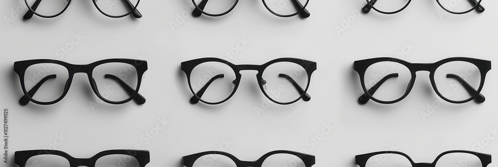Poster Various designs of black eyeglasses are arranged symmetrically on a clean surface, showcasing their unique styles and shapes. Generative AI