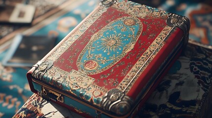 Ornate Red and Blue Book with Intricate Gold Designs