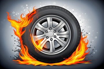 Illustration of car tire on fire on the abstract background.