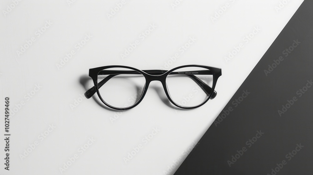 Poster a pair of black eyeglasses rests on a split background of black and white, emphasizing their sleek a