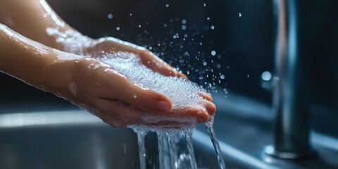 Fototapeta premium A close-up of hands being washed under running water, with soap lather clearly visible. This emphasizes hygiene, cleanliness, and self-care in everyday routines.