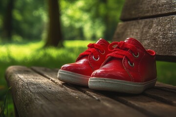 A pair of red children's shoes resting on a wooden bench in a lush green park