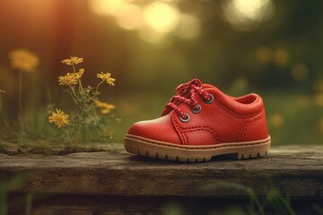 A red children's shoe resting on a wooden log surrounded by wildflowers during sunset