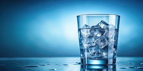 Cool ice water in glass cup on light blue background, extreme close-up