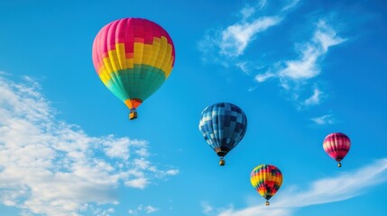 Naklejka premium A joyful display of colorful balloons drifts through a bright blue sky, creating a cheerful atmosphere filled with wonder and delight. Generative AI