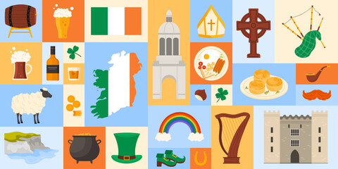 Travel to Ireland, geometric banner design with Irish culture, landmarks and food. Map with country flag, beer and whiskey, traditional good luck elements, Cliffs of Moher cartoon vector illustration