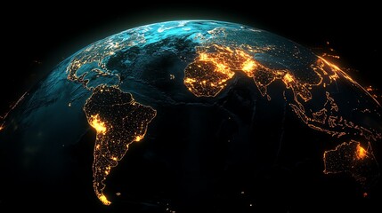 The continents are glowing with light points in concentrated areas, indicating densely populated regions.