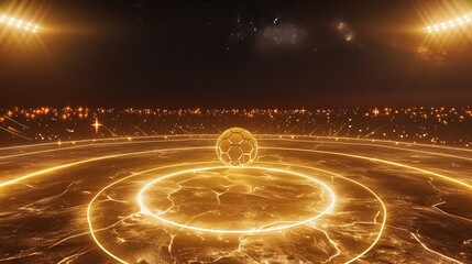 futuristic soccer field in space. Pleasant lighting. Photo realistic. 8k. Big gold soccer ball in the middle, generative Ai 