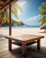 Fototapeta premium wooden table on a deck sandy tropical beach with coconut tree for presentation product on sunny day portrait