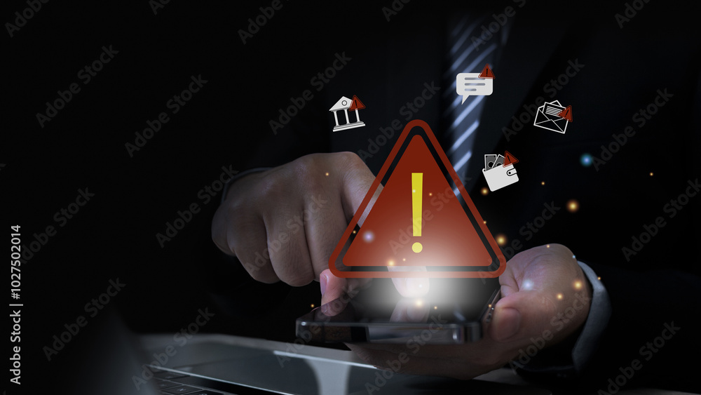 Poster caution of spam in website digital technology. concept of warning symbol or attack cyber, security n