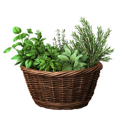 Naklejka premium Herbs in wicker basket, white isolate background