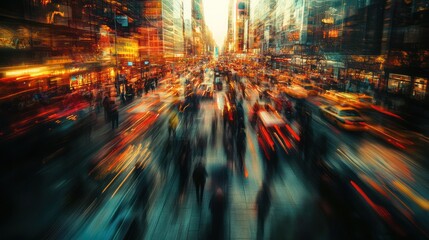 Blurred long-exposure of busy street life, showcasing the continuous flow of people and traffic in an urban setting, 