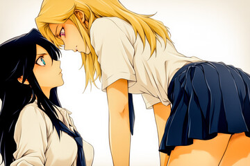 Two schoolgirls engaged in a close gaze during a playful moment in a classroom setting