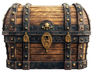 Fototapeta premium Antique treasure chest with rustic design and intricate metal details, isolated on white background.