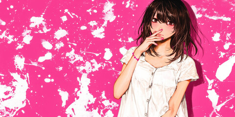 Fototapeta premium Young woman poses against a vibrant pink wall wearing a casual shirt and playful expression