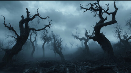 A haunting forest scene with twisted, leafless trees standing in the shadows of a gloomy, overcast sky. The atmosphere is filled with dense fog, creeping through the barren landsca