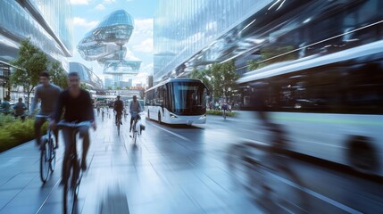 Blurred people and cars in the background of eco-friendly transportation, featuring cyclists, electric buses, and pedestrians moving through a sustainable urban environment, 